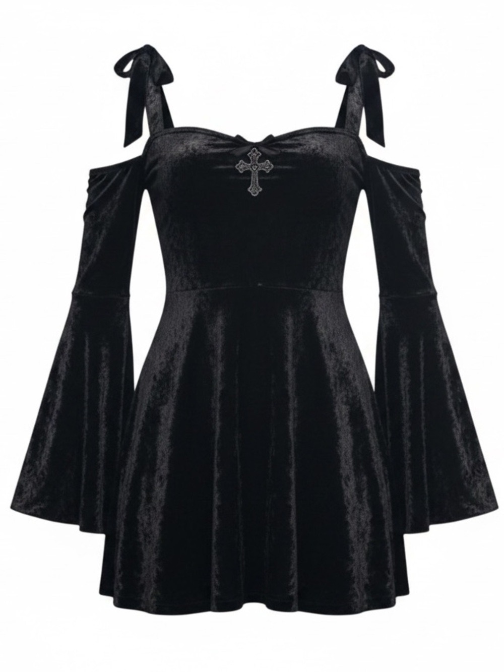 NWT Dolls Kill Widow Nocturnal Elegance Mini Dress in Black Velvet Silver Cross - Picture 1 of 16